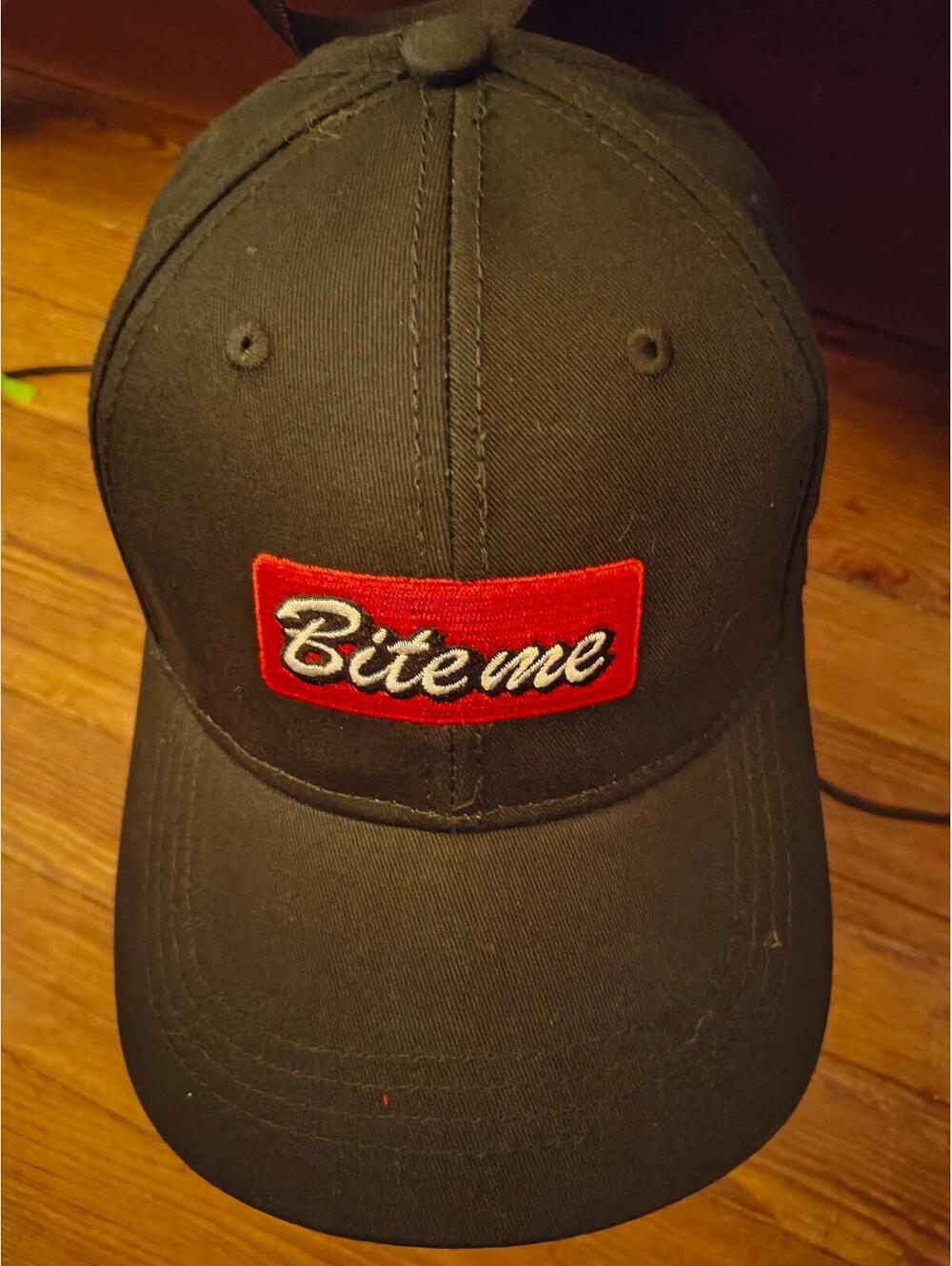 NWT - Bite Me - Black Baseball Hat Cap -  Adjustable strapback - Giant Garments